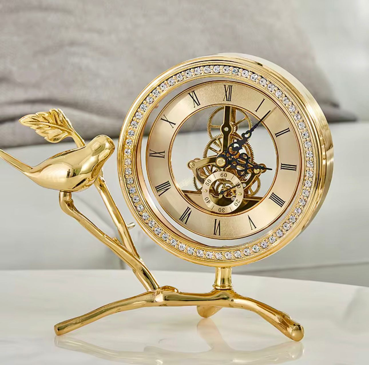 Vintage Gold Table Clock with bird